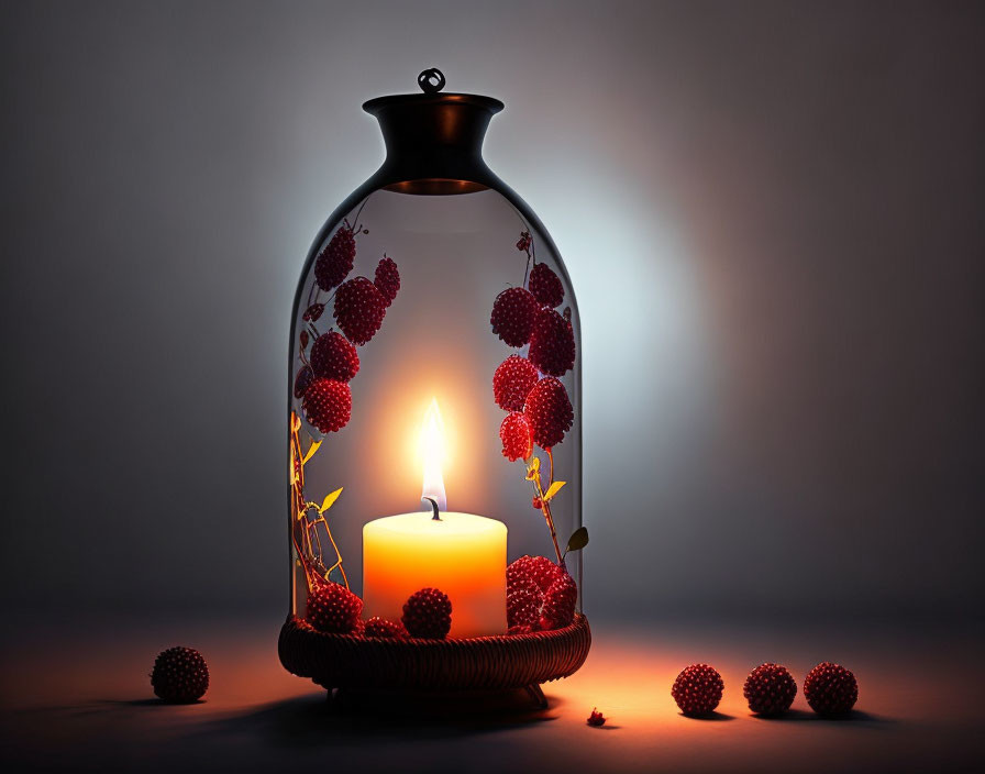 Glass lantern with lit candle and berry branches casting warm glow