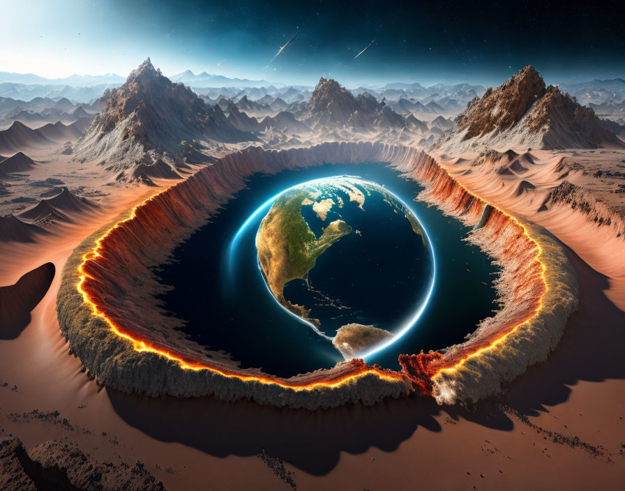 Miniature Earth in circular volcanic crater on desert terrain