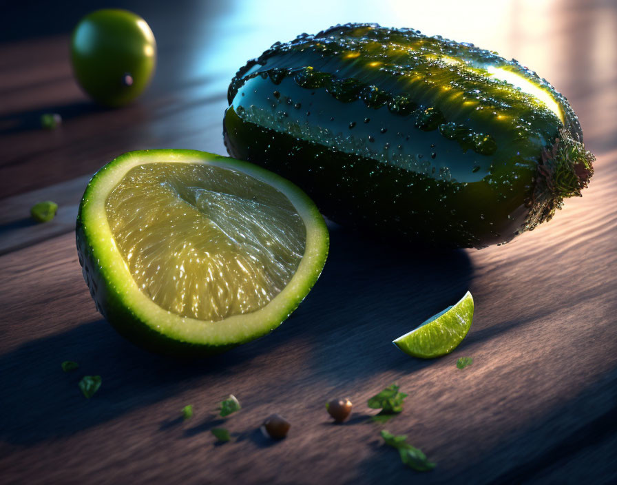 Fresh lime on wooden surface with dramatic lighting