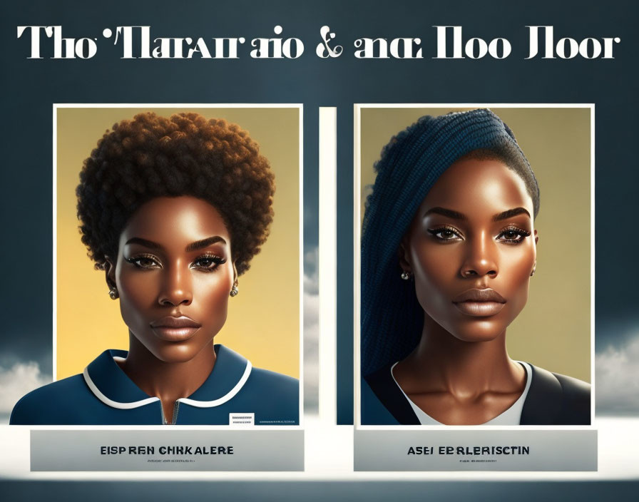 Stylized digital portraits of women with unique makeup and hairstyles on golden backdrop