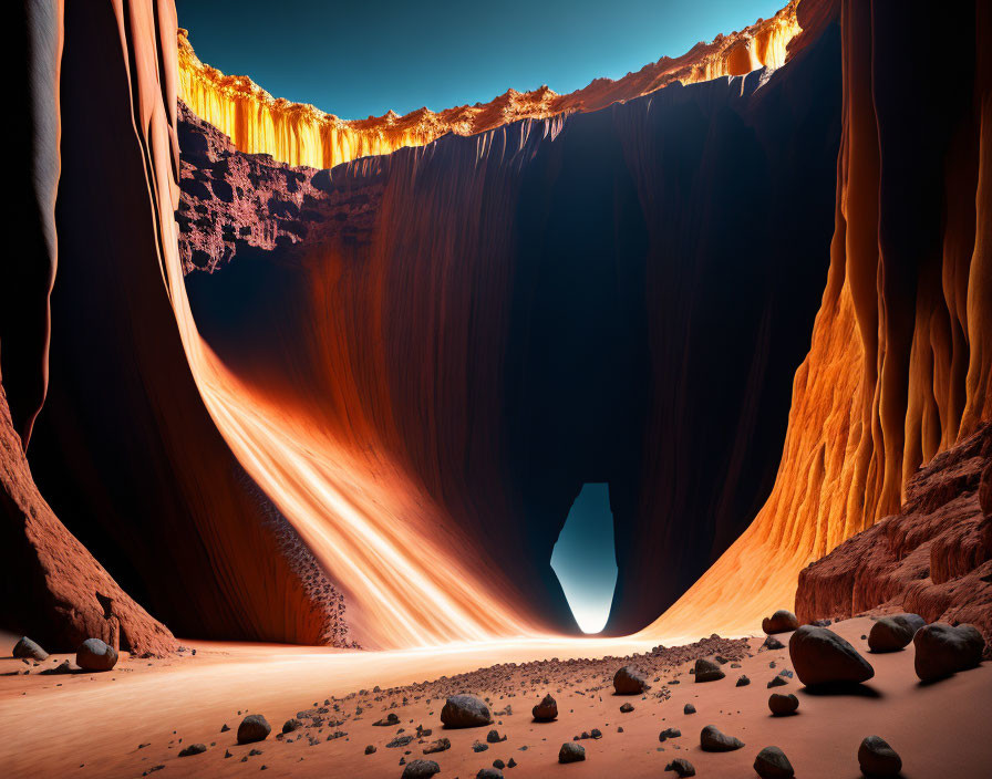 Vibrant orange and red canyon walls under blue sky with sunlight beams