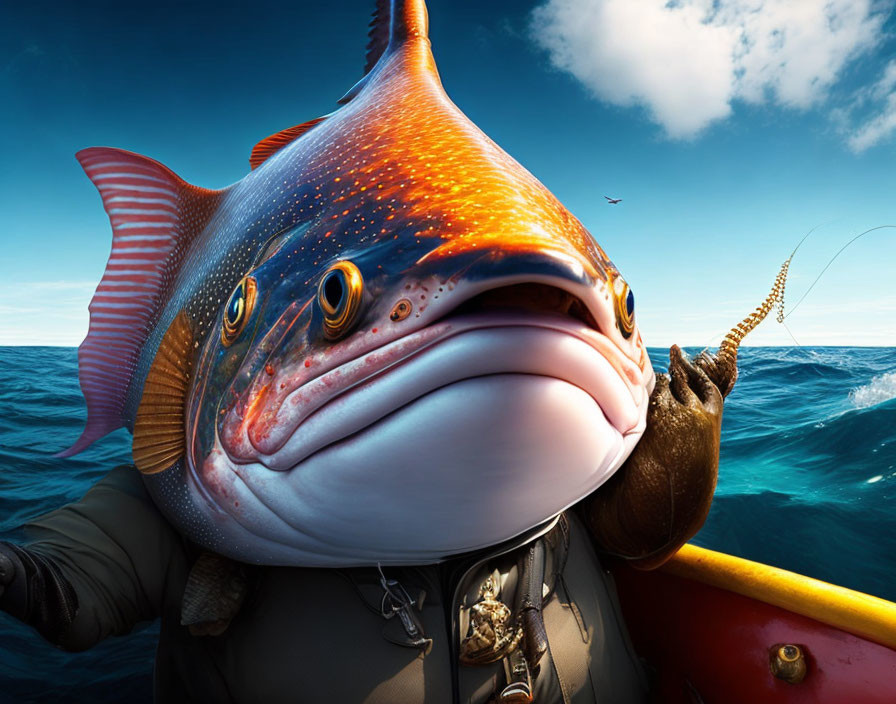 Anthropomorphic fish in suit fishing at sea