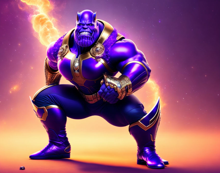 Muscular purple-skinned character in gold and blue armor with golden gauntlet and powerful stones on orange