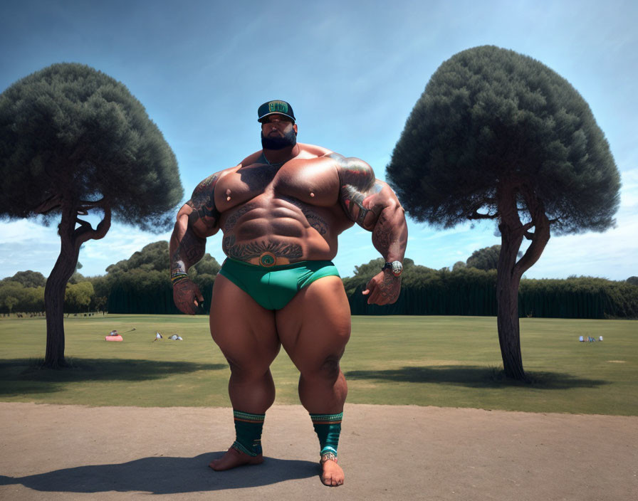 Muscular wrestler in green attire with championship belt in sunny park with unique trees