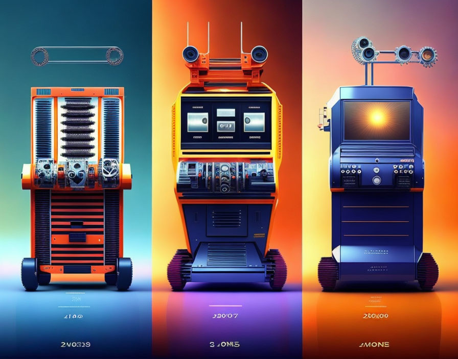 Colorful Vintage-Style Robot Illustrations on Gradient Backgrounds