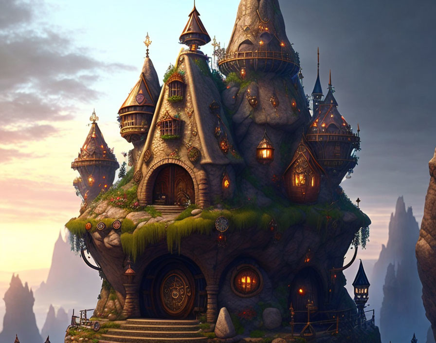 Fantasy house with towers and spires on tree-covered rock in misty twilight landscape