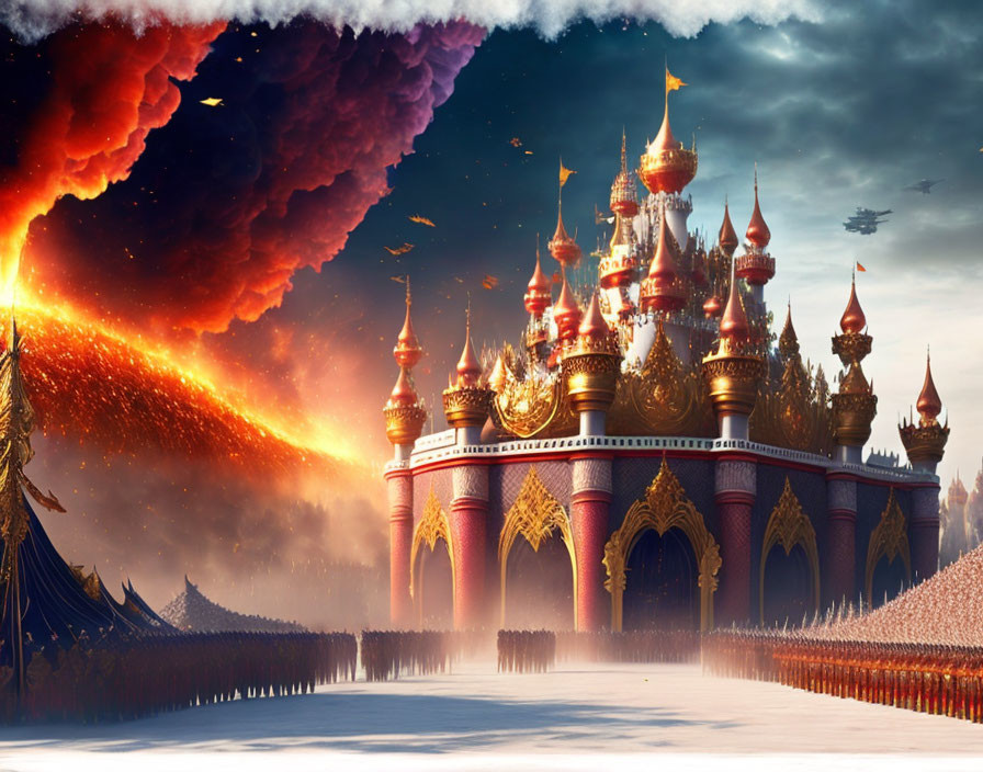 Fantasy palace with towering spires and golden domes under a dramatic sky with a comet-like object