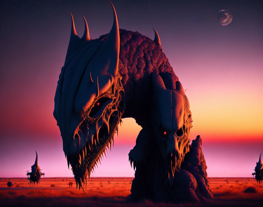 Dragon-like creature art: Sunset scene with silhouettes and crescent moon