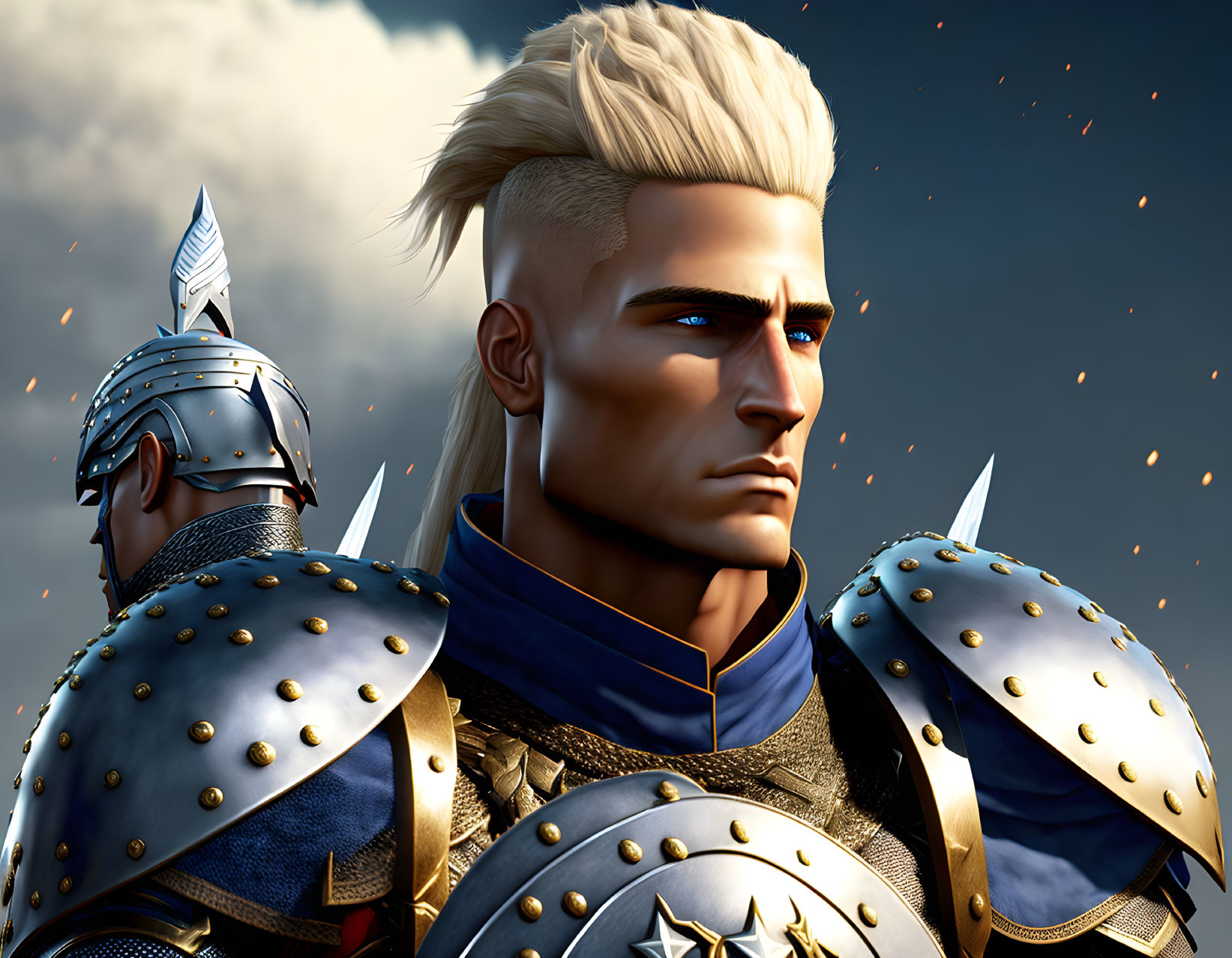 Detailed close-up of two stoic knights in armor with heroic facial features and stylized hair.