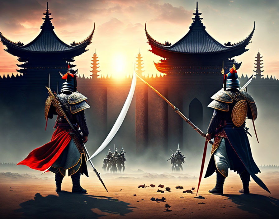 Armored warriors with swords at Asian temple, sunset scene.