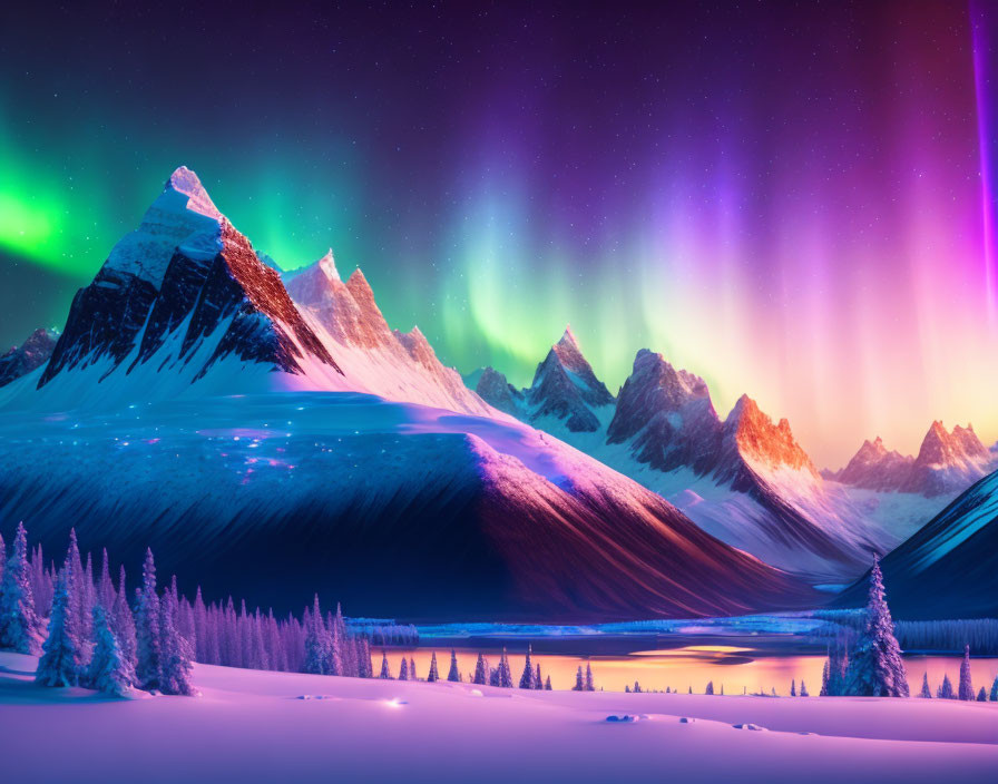 Northern Lights illuminate snow-covered mountains and frozen river under starry sky