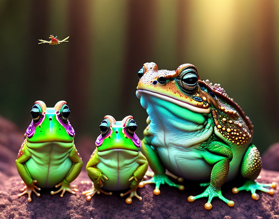 Colorful Stylized Frogs with Large Eyes and Red Insect