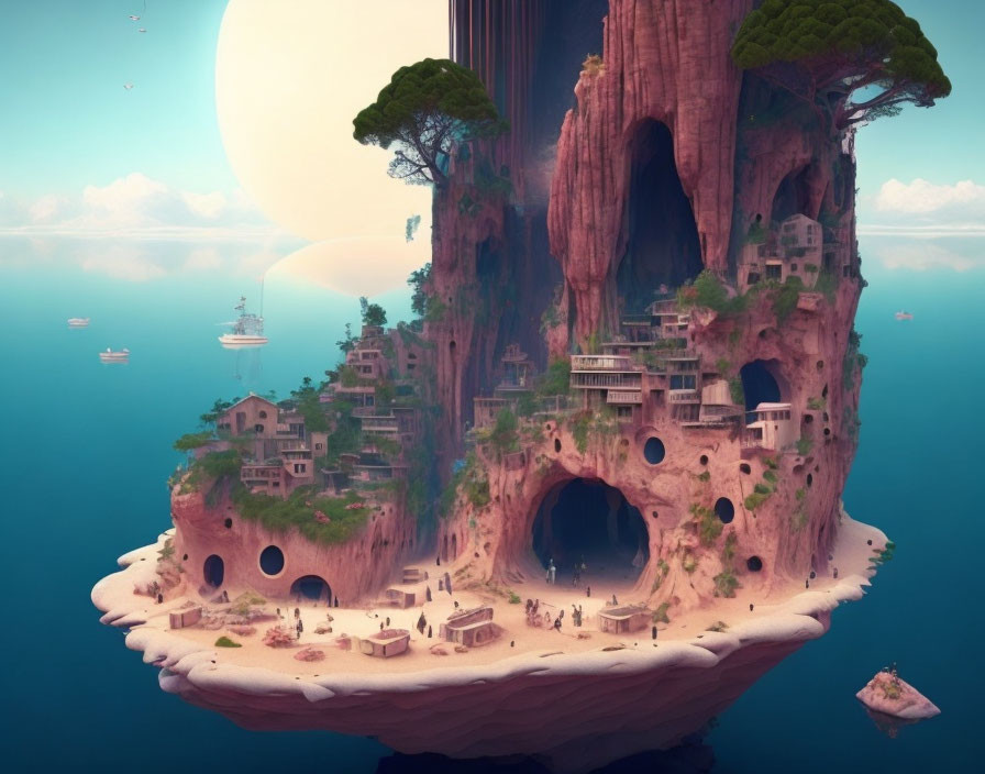 Fantastical floating island with cliff houses, water, boats, and large moon.