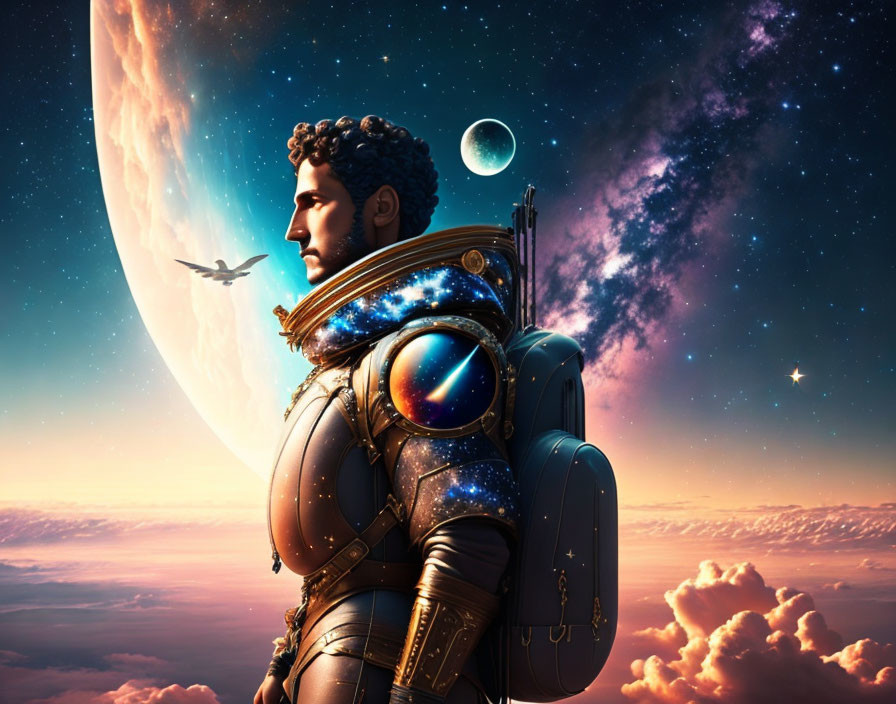 Digital Artwork: Person in Armor with Cosmic Elements and Planets on Surreal Sky