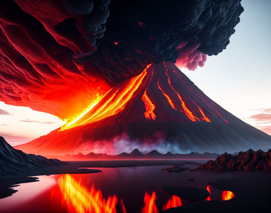 Volcanic eruption at twilight with flowing lava and dramatic sky