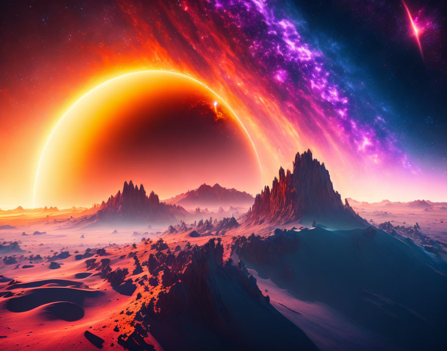 Sci-Fi Landscape with Celestial Body, Purple Nebulae, and Rocky Terrain