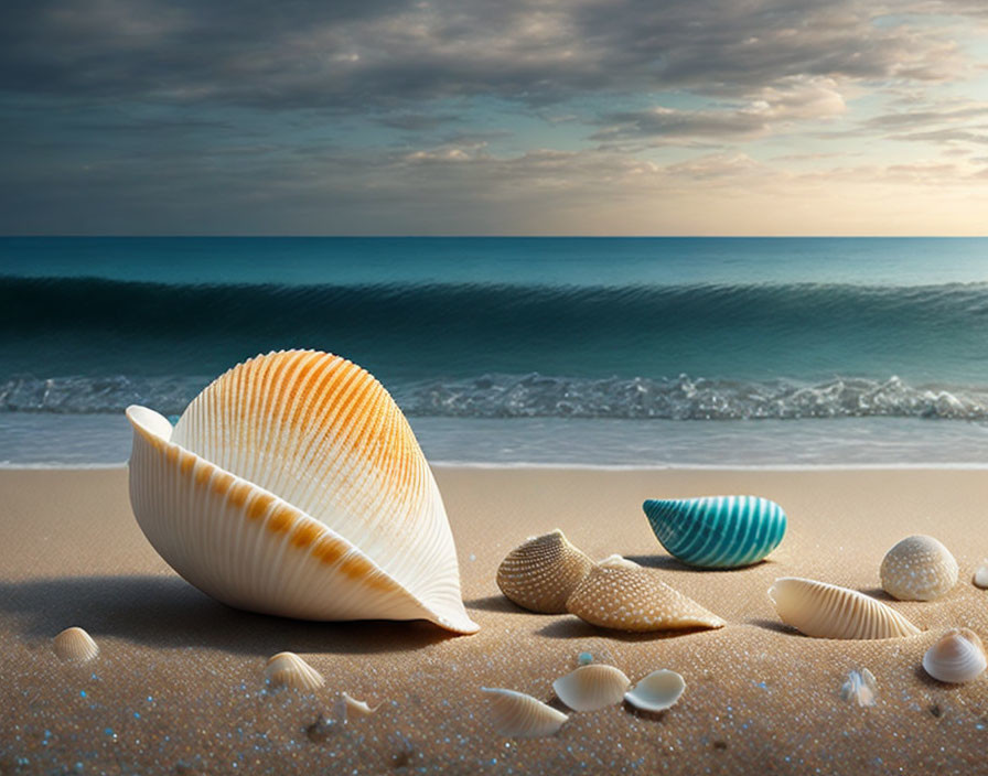 Tranquil beach scene with shells on sand at dusk or dawn