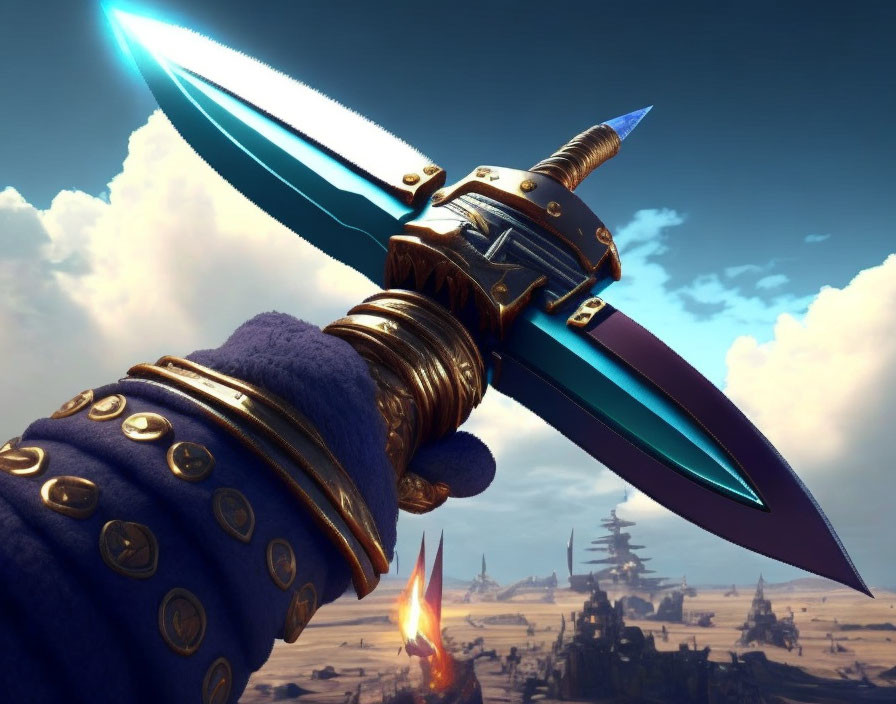 Fantasy-themed image: Ornate dagger with glowing blue blade, golden hilt, hand in st