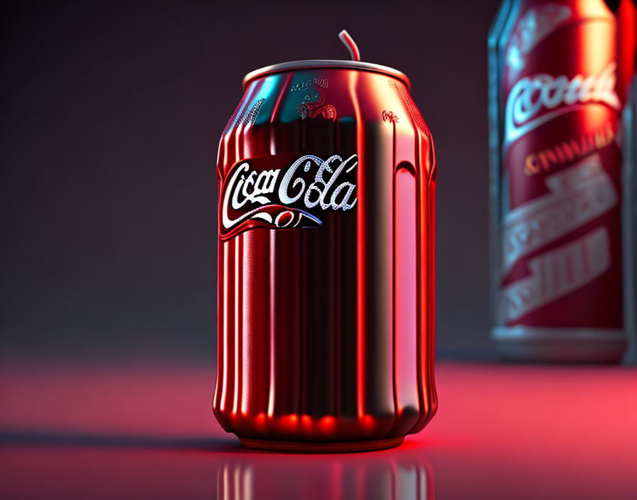 Red Coca-Cola can with condensation and straw on dark, moody background.