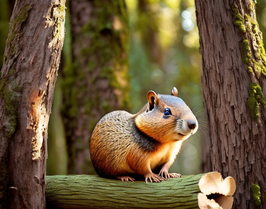 Fluffy squirrel on mossy tree branch in sunlit forest