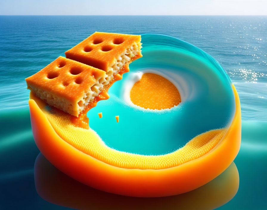 Saltine crackers on lifebuoy in surreal ocean scene