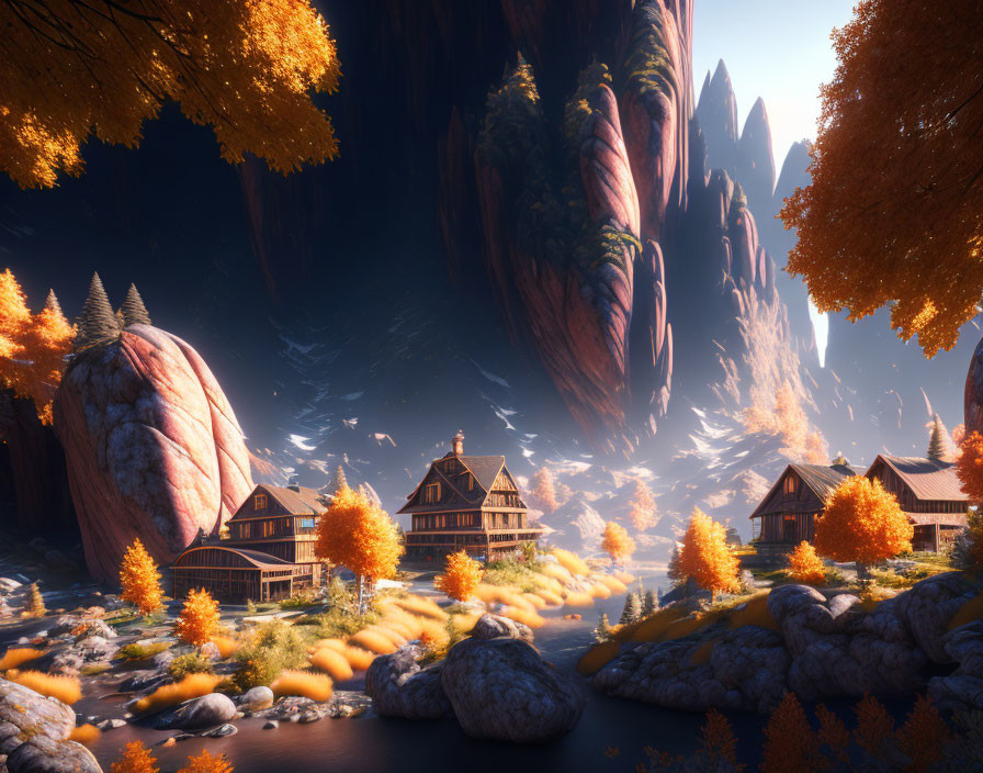 Tranquil autumnal fantasy landscape with river, wooden houses, and rock formations