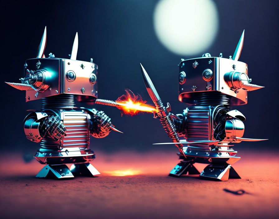 Miniature robots in sword battle against dramatic backdrop