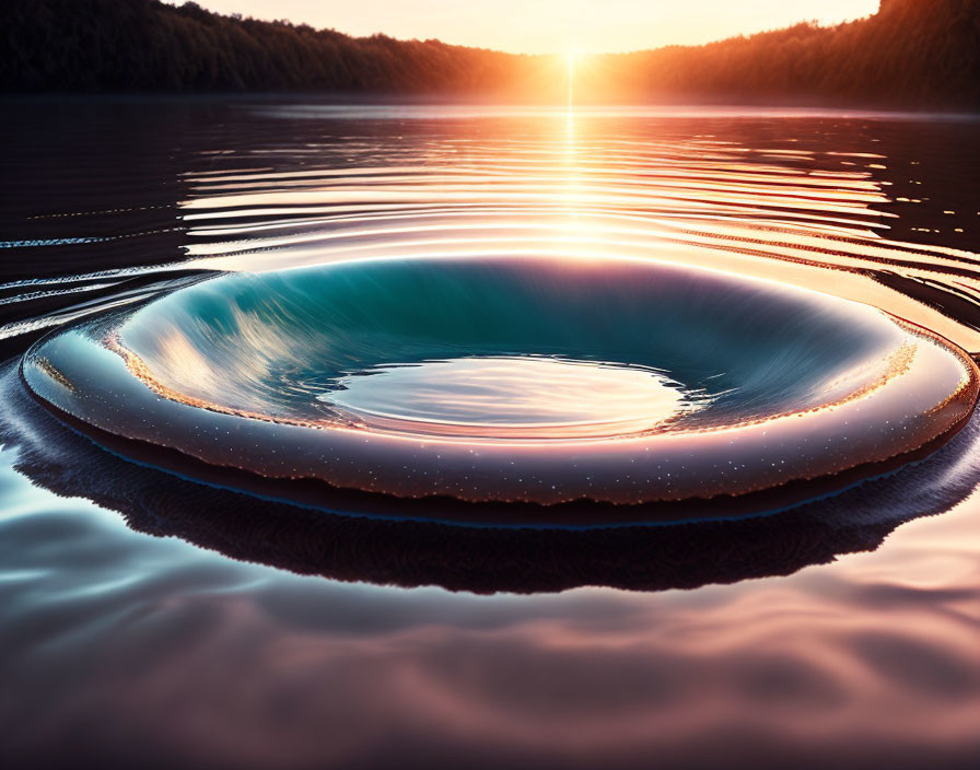 Circular water ripple at sunset on calm lake with silhouetted trees - surreal eye or portal motif