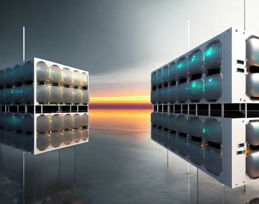 Futuristic servers on reflective surface in digital art