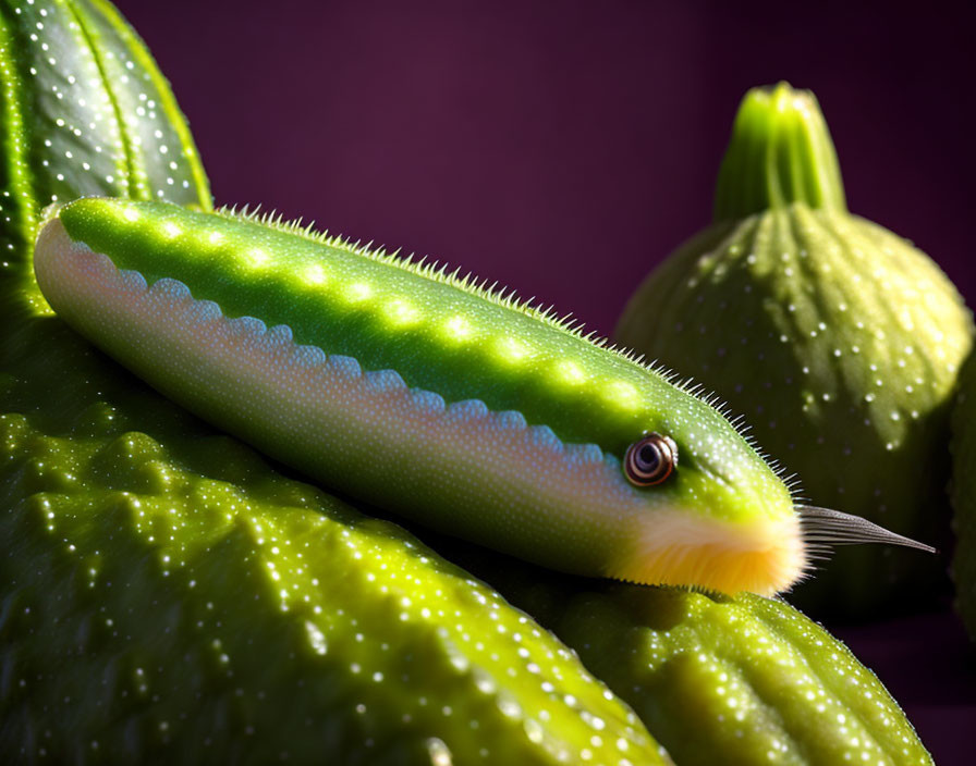 Surreal image: Cucumber with reptilian eye, whiskered mouth, and spine-ridged