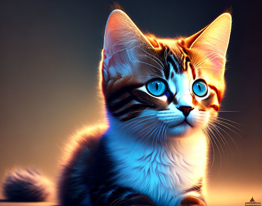 Digitally enhanced cat image with bright blue eyes and vibrant orange and blue lighting