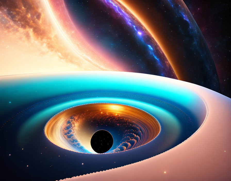 Colorful depiction of a black hole with swirling accretion disk in outer space