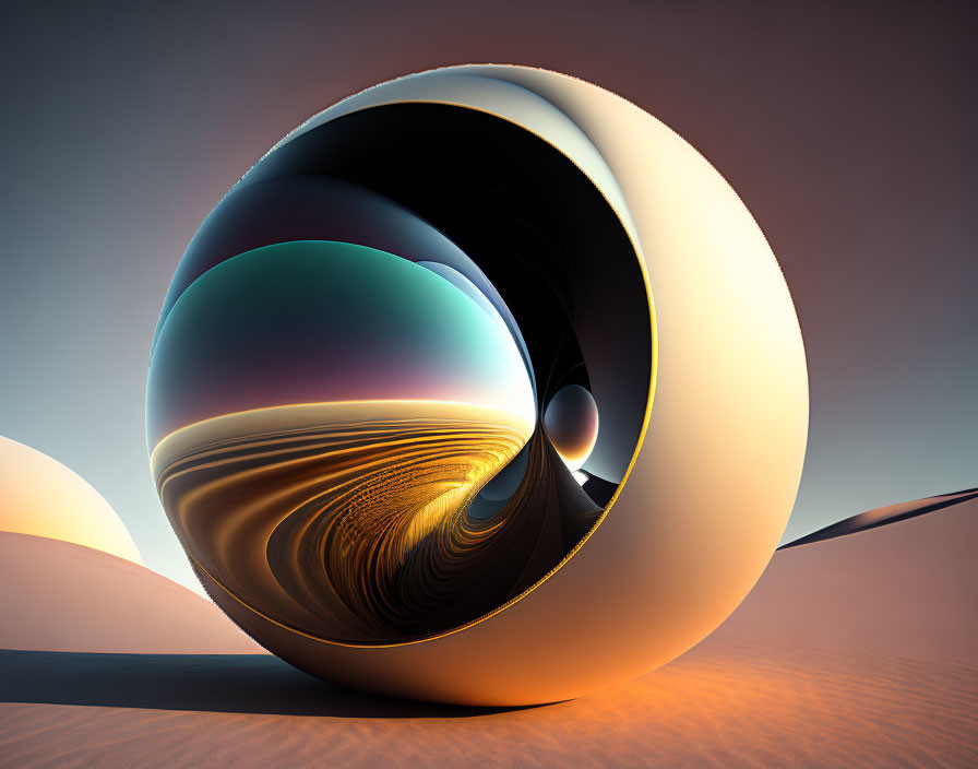 Spherical reflective object with swirling design in desert landscape