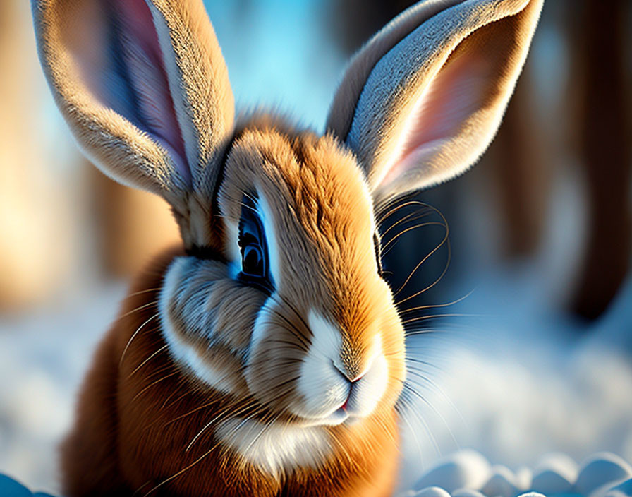 Adorable Rabbit with Upright Ears on Blue Background