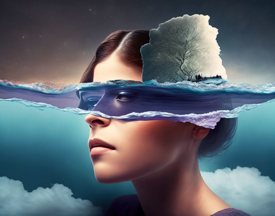 Surreal artwork: Woman's face bisected by waterscape