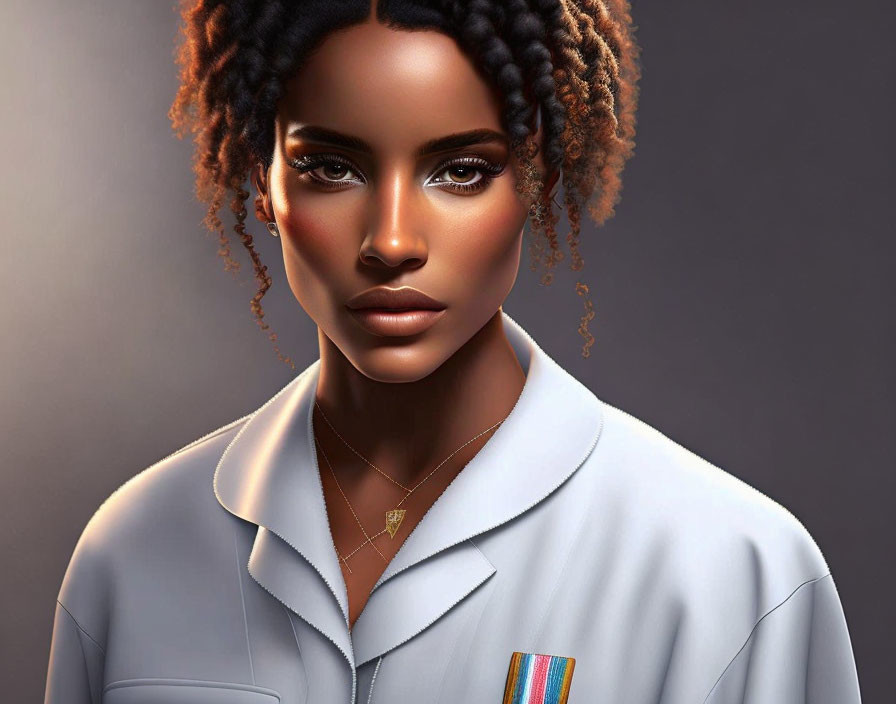 Detailed digital portrait of a woman with dark skin, textured hair twists, full lips, and brown eyes