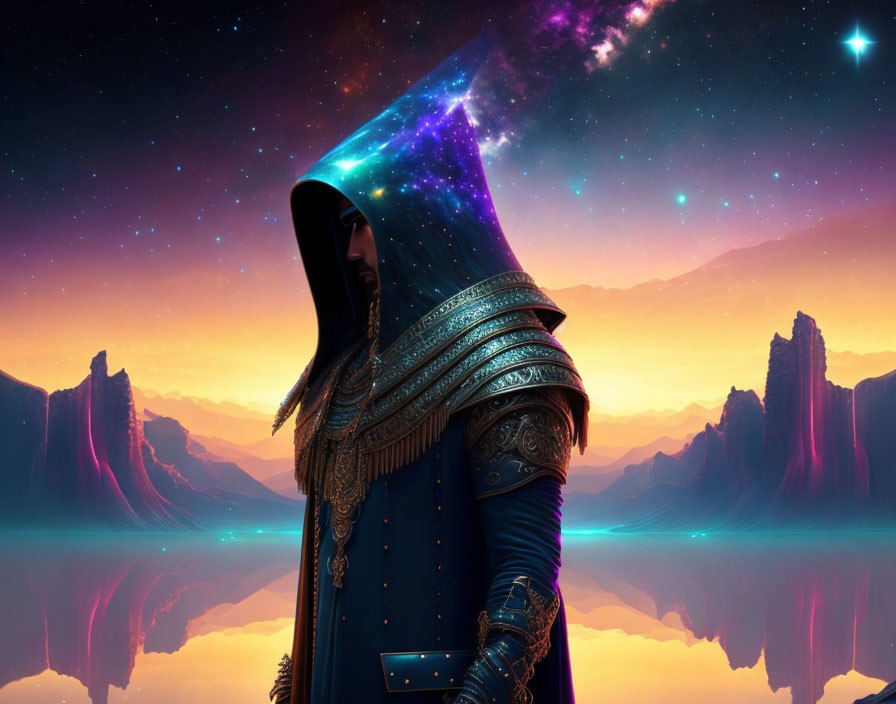 Mystical robed figure under starry sky and sunset mountains