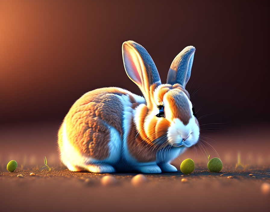 Fluffy Rabbit 3D Illustration with Glowing Green Orbs on Brown Background