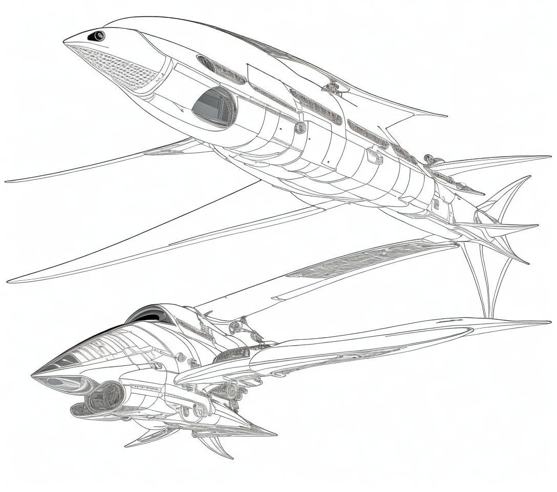 Futuristic black and white fish-like airplane illustration