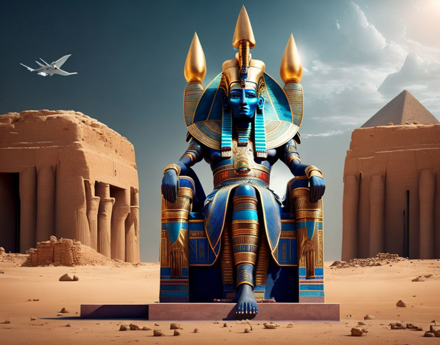 Colossal Egyptian Pharaoh Statue in Desert Landscape