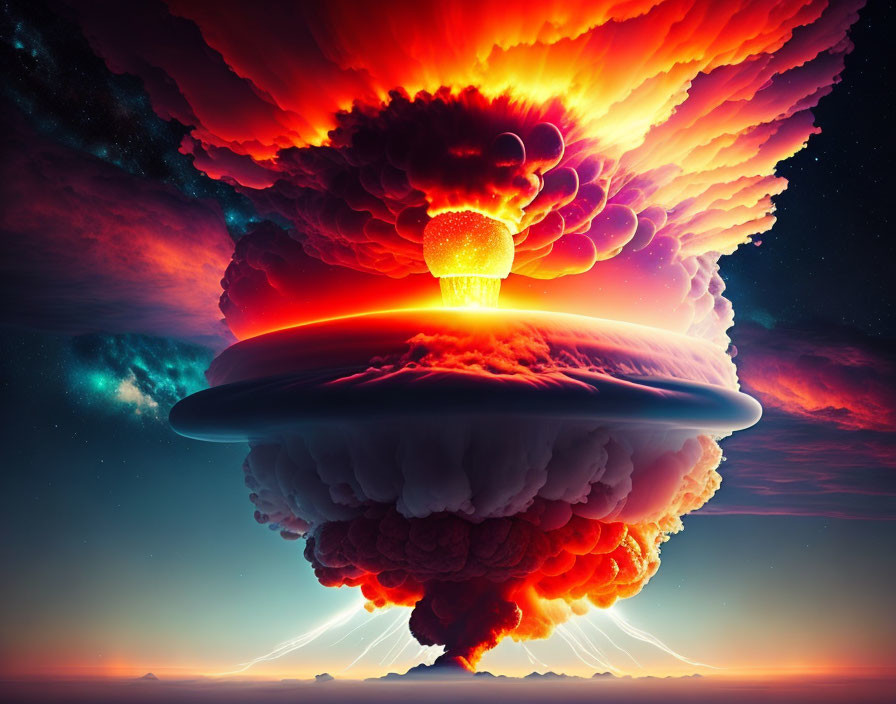 Massive nuclear explosion illustration with glowing mushroom cloud against starry sky