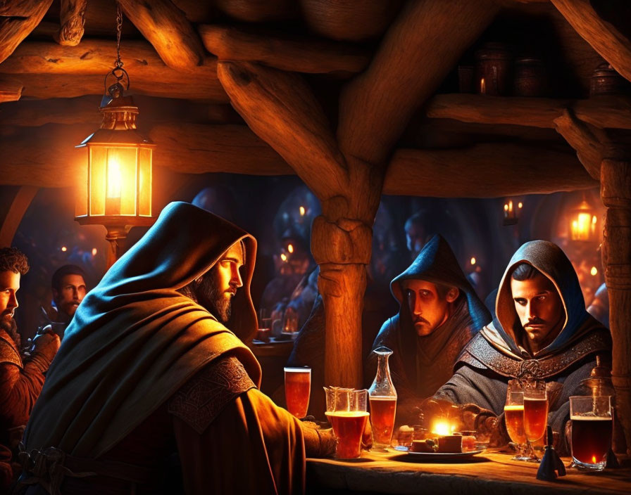 Dark tavern setting with cloaked figures in serious conversation.