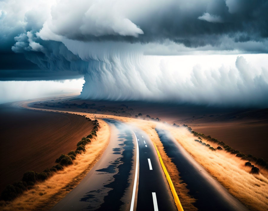 Empty road under massive shelf cloud in dramatic landscape