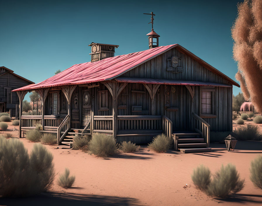 Weathered red-roofed wooden building in desert landscape