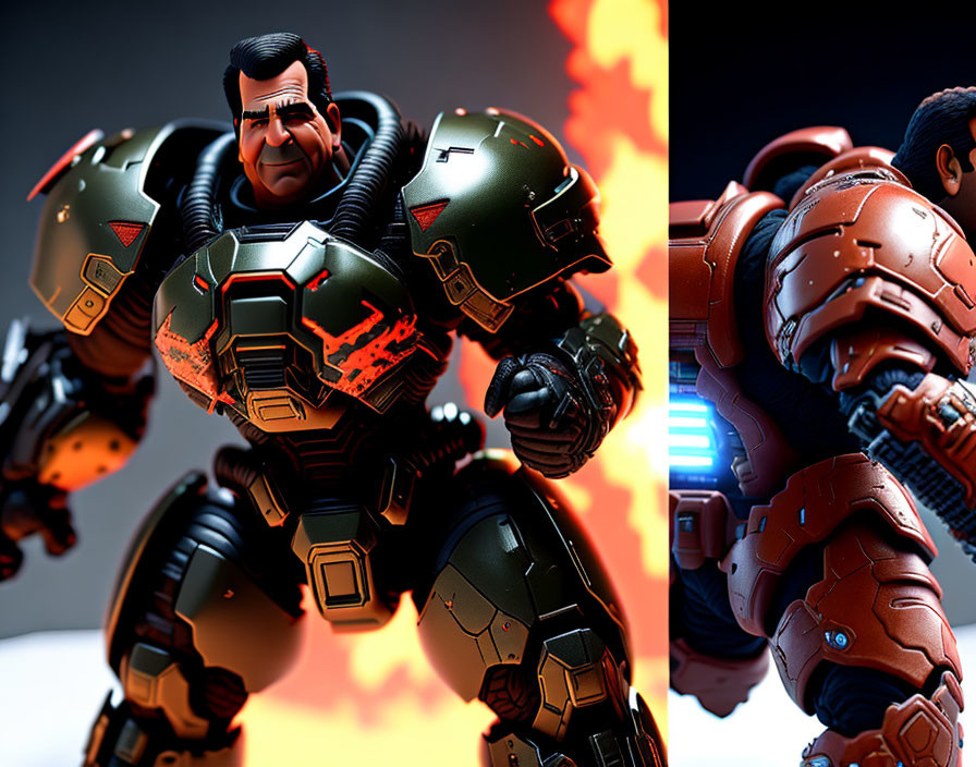 Stylized animated character in powered armor with orange and blue glow on blurred background