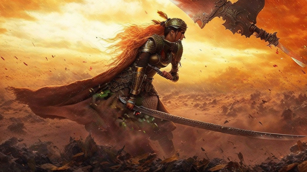 Armored warrior with sword and helmet in fiery battlefield scene.