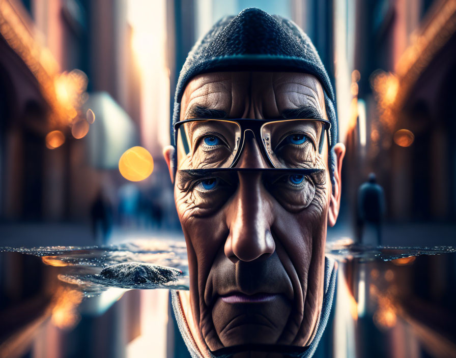 Symmetrical Composition of Elderly Man with Glasses and Hat in Cityscape Reflection