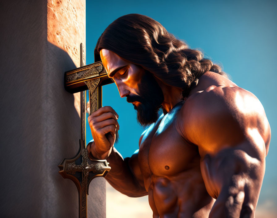 Muscular man with long hair gazes at cross under blue sky