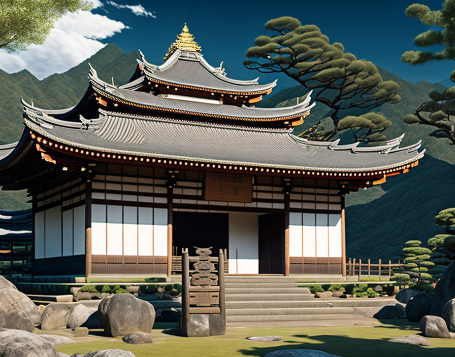 Japanese temple with curved roof in pine tree landscape