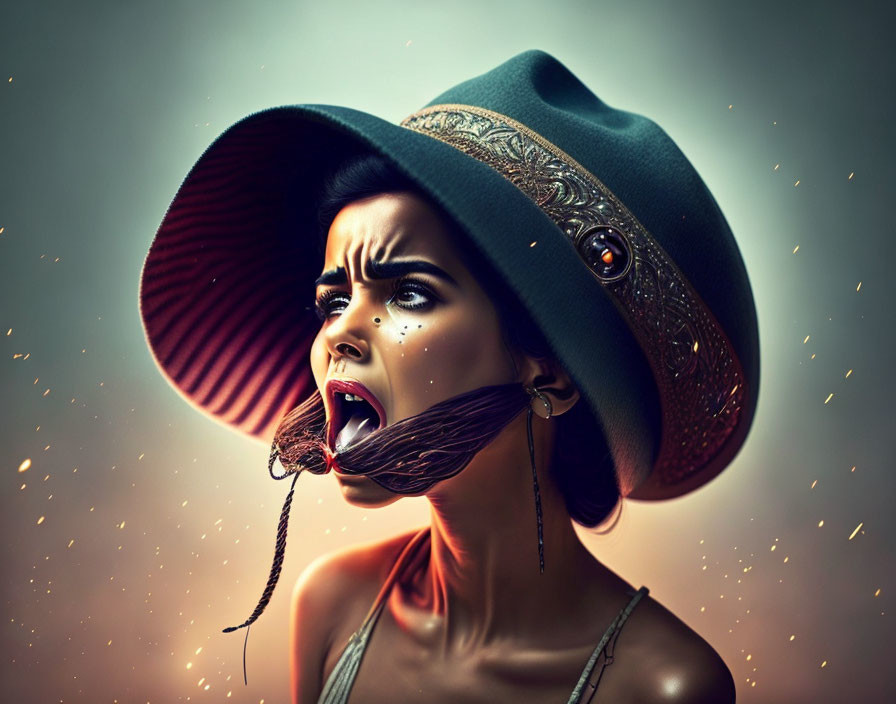 Exaggerated open mouth woman with whiskered cheeks and stylish hat on soft glowing background